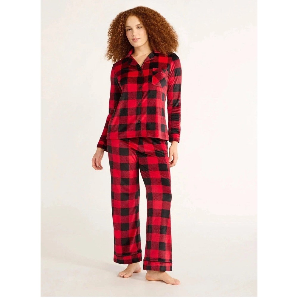 Joyspun Womens Pajama Set Size L Red Plaid Velour Notch Collar 2 Piece Elastic